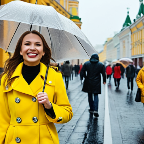 Home 4 **Image Prompt:** A fashion-forward woman confidently walking down a Moscow street on a rainy day, wearing a bright yellow coat. The image should capture the uplifting effect of the vibrant color against the gloomy weather, with smiling faces of passersby in the background. Focus on conveying a sense of joy and stylish resilience against the elements.