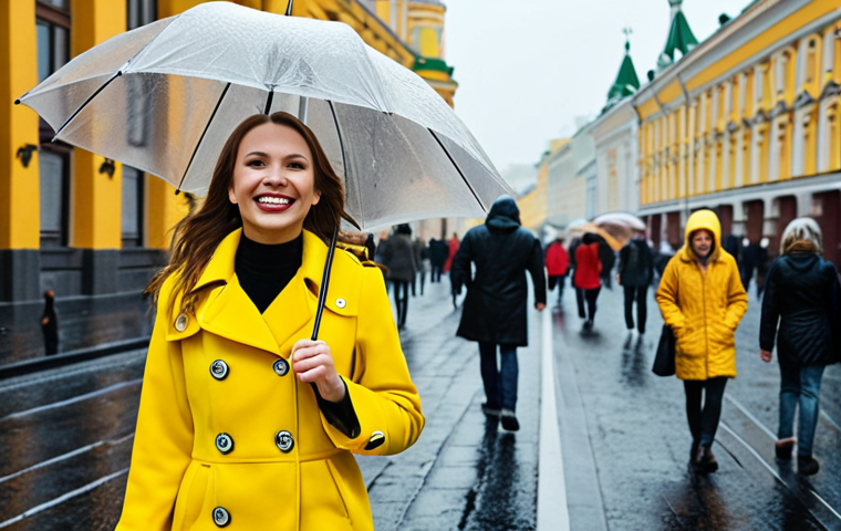 **Image Prompt:** A fashion-forward woman confidently walking down a Moscow street on a rainy day, wearing a bright yellow coat. The image should capture the uplifting effect of the vibrant color against the gloomy weather, with smiling faces of passersby in the background. Focus on conveying a sense of joy and stylish resilience against the elements.