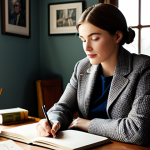 A female fashion blogger, fully clothed in a modest, stylish, vintage-inspired outfit, sitting thoughtfully at a large wooden desk in a sunlit, cozy home office. The room is decorated with subtle, artistic elements and a few fashion books. She is holding a sketchbook and a pen, appearing focused and authentic in her creative process. Perfect anatomy, correct proportions, natural pose, well-formed hands, proper finger count, professional photography, high quality, safe for work, appropriate content, family-friendly.