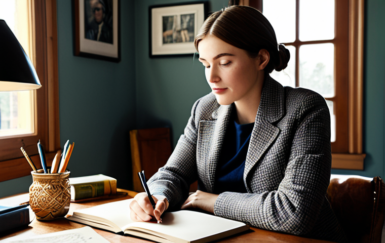 A female fashion blogger, fully clothed in a modest, stylish, vintage-inspired outfit, sitting thoughtfully at a large wooden desk in a sunlit, cozy home office. The room is decorated with subtle, artistic elements and a few fashion books. She is holding a sketchbook and a pen, appearing focused and authentic in her creative process. Perfect anatomy, correct proportions, natural pose, well-formed hands, proper finger count, professional photography, high quality, safe for work, appropriate content, family-friendly.