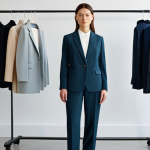 A professional female stylist, mid-30s, stands confidently in a bright, modern, minimalist fashion studio. She is dressed in a chic, modest, well-tailored blazer and trousers in a timeless neutral color, paired with a high-quality, simple top. Around her, a curated selection of premium, well-structured garments hang neatly on a single rail, subtly emphasizing the concept of a capsule wardrobe and conscious consumption. The studio is illuminated by soft, natural light, highlighting the textures of the fabrics. The overall atmosphere conveys professionalism, sophistication, and a deep understanding of sustainable fashion. safe for work, appropriate content, fully clothed, professional dress, modest clothing, perfect anatomy, correct proportions, natural pose, well-formed hands, proper finger count, natural body proportions, high-resolution, sharp focus.