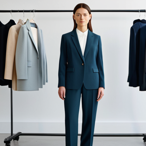 Home 20 A professional female stylist, mid-30s, stands confidently in a bright, modern, minimalist fashion studio. She is dressed in a chic, modest, well-tailored blazer and trousers in a timeless neutral color, paired with a high-quality, simple top. Around her, a curated selection of premium, well-structured garments hang neatly on a single rail, subtly emphasizing the concept of a capsule wardrobe and conscious consumption. The studio is illuminated by soft, natural light, highlighting the textures of the fabrics. The overall atmosphere conveys professionalism, sophistication, and a deep understanding of sustainable fashion. safe for work, appropriate content, fully clothed, professional dress, modest clothing, perfect anatomy, correct proportions, natural pose, well-formed hands, proper finger count, natural body proportions, high-resolution, sharp focus.