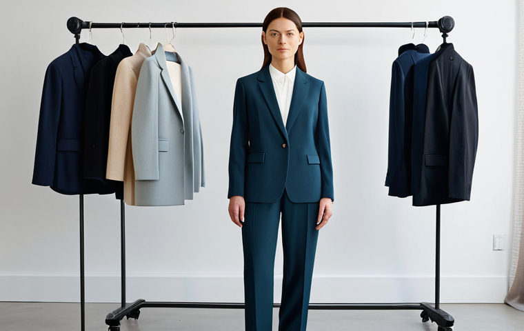A professional female stylist, mid-30s, stands confidently in a bright, modern, minimalist fashion studio. She is dressed in a chic, modest, well-tailored blazer and trousers in a timeless neutral color, paired with a high-quality, simple top. Around her, a curated selection of premium, well-structured garments hang neatly on a single rail, subtly emphasizing the concept of a capsule wardrobe and conscious consumption. The studio is illuminated by soft, natural light, highlighting the textures of the fabrics. The overall atmosphere conveys professionalism, sophistication, and a deep understanding of sustainable fashion. safe for work, appropriate content, fully clothed, professional dress, modest clothing, perfect anatomy, correct proportions, natural pose, well-formed hands, proper finger count, natural body proportions, high-resolution, sharp focus.