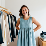 Wardrobe Review**

"A young woman in a brightly lit, modern apartment, surrounded by piles of clothing. She's smiling and sorting through her wardrobe, holding up a simple linen dress. The room is organized and tidy. Focus on natural light and a sense of calm. safe for work, appropriate content, fully clothed, modest clothing, professional photography, perfect anatomy, natural proportions, family-friendly."

**