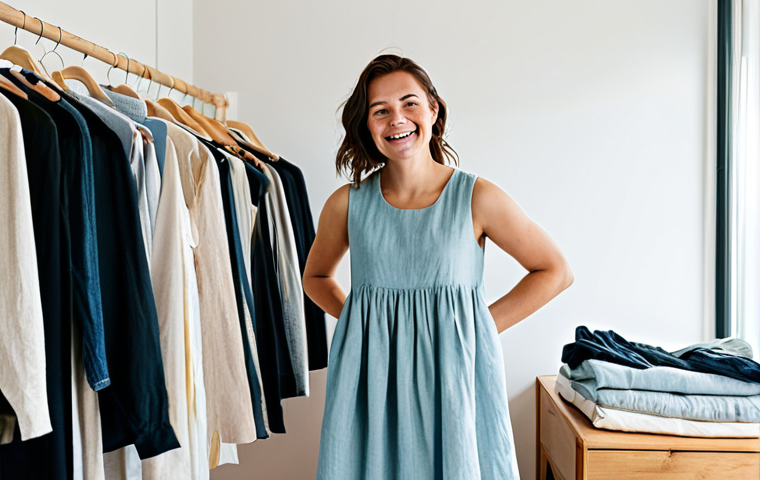 Wardrobe Review**
"A young woman in a brightly lit, modern apartment, surrounded by piles of clothing. She's smiling and sorting through her wardrobe, holding up a simple linen dress. The room is organized and tidy. Focus on natural light and a sense of calm. safe for work, appropriate content, fully clothed, modest clothing, professional photography, perfect anatomy, natural proportions, family-friendly."
**