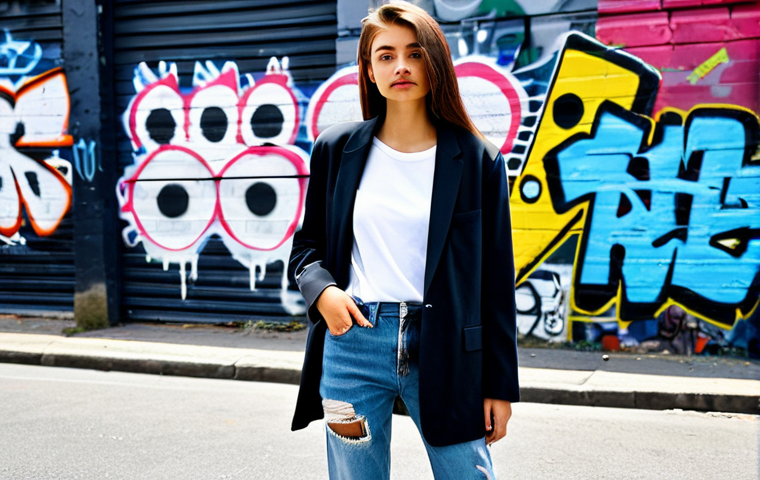 패션 코디네이터의 국제 트렌드 해석 - 90s Grunge Meets Minimalism**

"A young woman in fully clothed appropriate attire, blending 90s grun...
