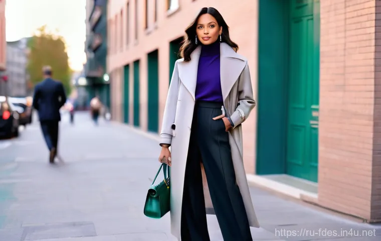 패션 코디네이터가 추천하는 최신 코디 기술 - **Prompt Title:** Urban Elegance in Twilight Hues
    **Description:** A stylish woman, approximatel...