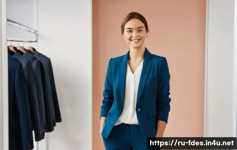 패션 코디네이터의 실무 평가 기준 - **"A confident woman (30s, Russian ethnicity) stands in a brightly lit, modern dressing room, radiat...