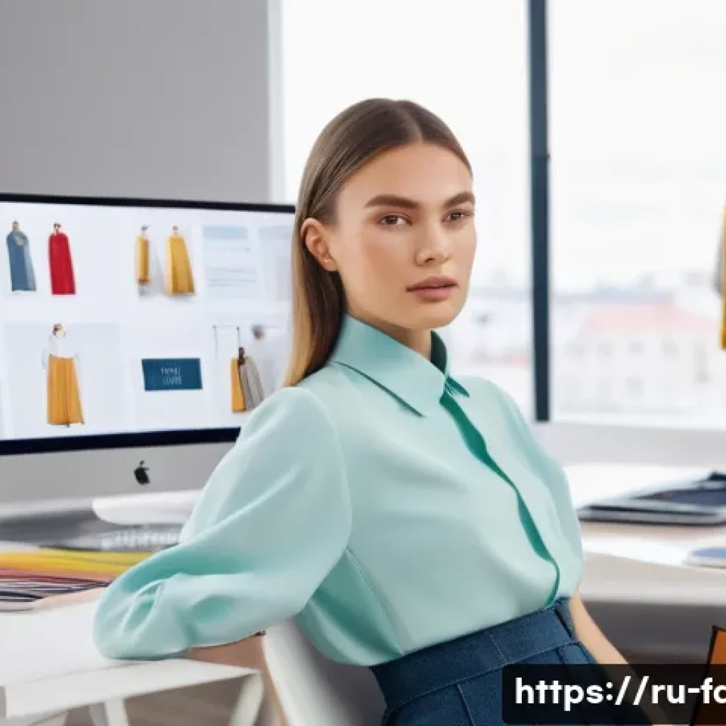 패션 코디네이터의 글로벌 직무 트렌드 - A contemporary fashion coordinator working in a bright, modern studio filled with digital screens di...