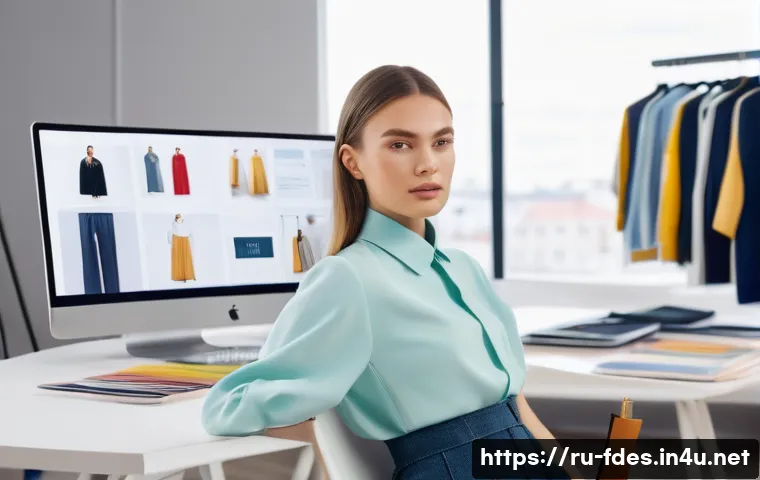 패션 코디네이터의 글로벌 직무 트렌드 - A contemporary fashion coordinator working in a bright, modern studio filled with digital screens di...