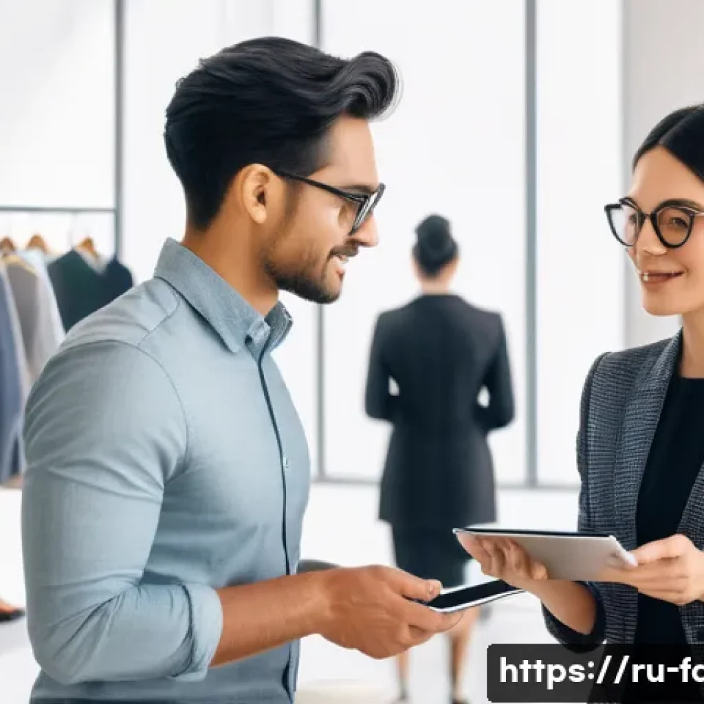 패션 코디네이터 고객 유지 전략 - A stylish fashion coordinator attentively consulting a diverse client in a modern boutique setting, ...