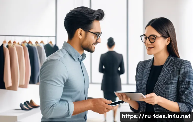 패션 코디네이터 고객 유지 전략 - A stylish fashion coordinator attentively consulting a diverse client in a modern boutique setting, ...