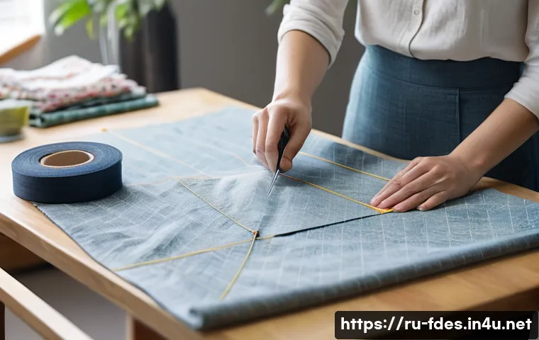 패션 코디네이터 패턴 이해하기 - A detailed sewing workshop scene showing a skilled tailor working on a basic clothing pattern laid o...