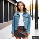 패션 코디네이터가 추천하는 아이템 믹스 - A stylish casual outfit featuring a young adult woman wearing a textured denim jacket paired with a ...