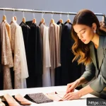 패션 코디네이터 현장 경험담 - A professional fashion coordinator backstage at a high-end runway show, carefully examining a design...