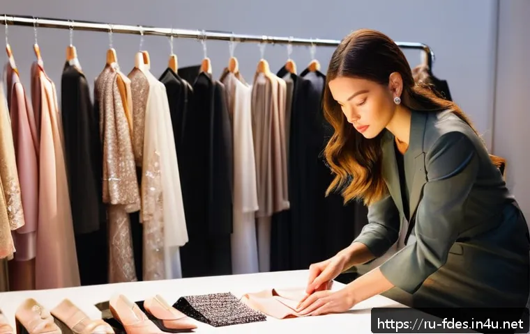 패션 코디네이터 현장 경험담 - A professional fashion coordinator backstage at a high-end runway show, carefully examining a design...