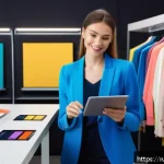 패션 코디네이터가 추천하는 직무 교재 - A professional fashion coordinator working in a modern studio environment, surrounded by colorful cl...