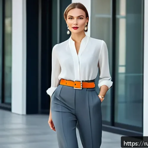 패션 코디네이터와 고객 유형별 대응 - A stylish office outfit scene featuring a confident Russian woman with a square face shape wearing a...