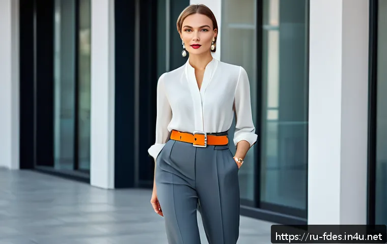 패션 코디네이터와 고객 유형별 대응 - A stylish office outfit scene featuring a confident Russian woman with a square face shape wearing a...