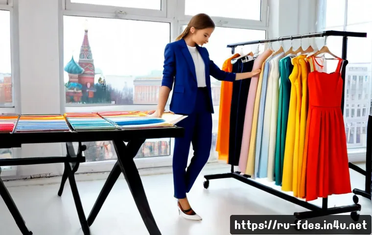패션 코디네이터와 스타일리스트 차이점 - Photorealistic fashion coordinator in a bright Moscow studio, carefully organizing color-coordinated...