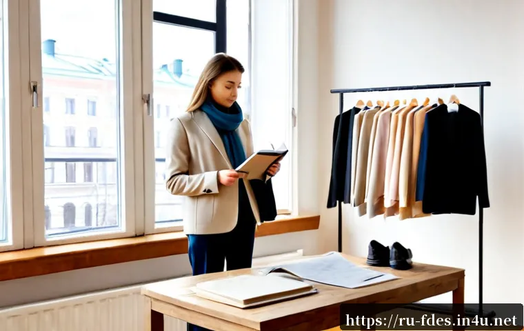 패션 코디네이터로 전향하기 위한 준비 - Photorealistic fashion career preparation scene in a bright Moscow studio apartment, a focused young...